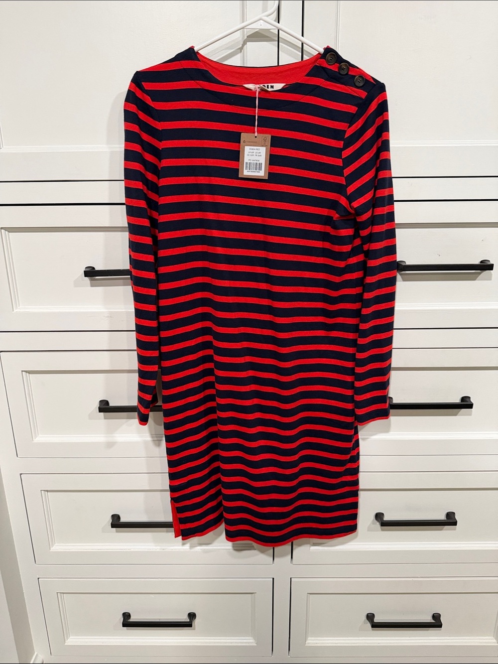 Boden Red and Navy Striped Long Sleeve Dress
